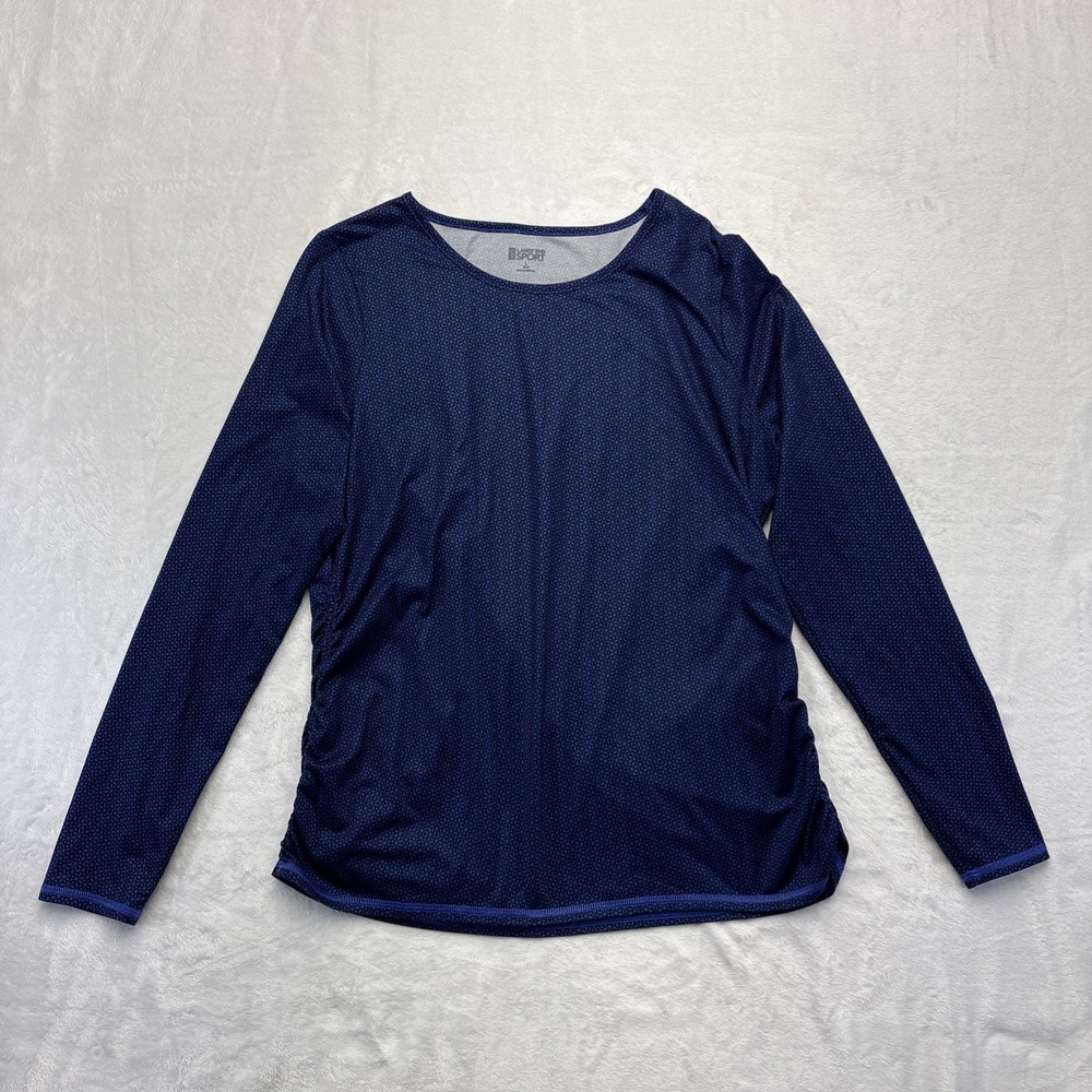 Lands End Sport Womens L Long Sleeve Top Blue Geo Print Ruched Sides